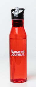 Red Irish Farmers Journal water bottle with a flip-up drinking straw