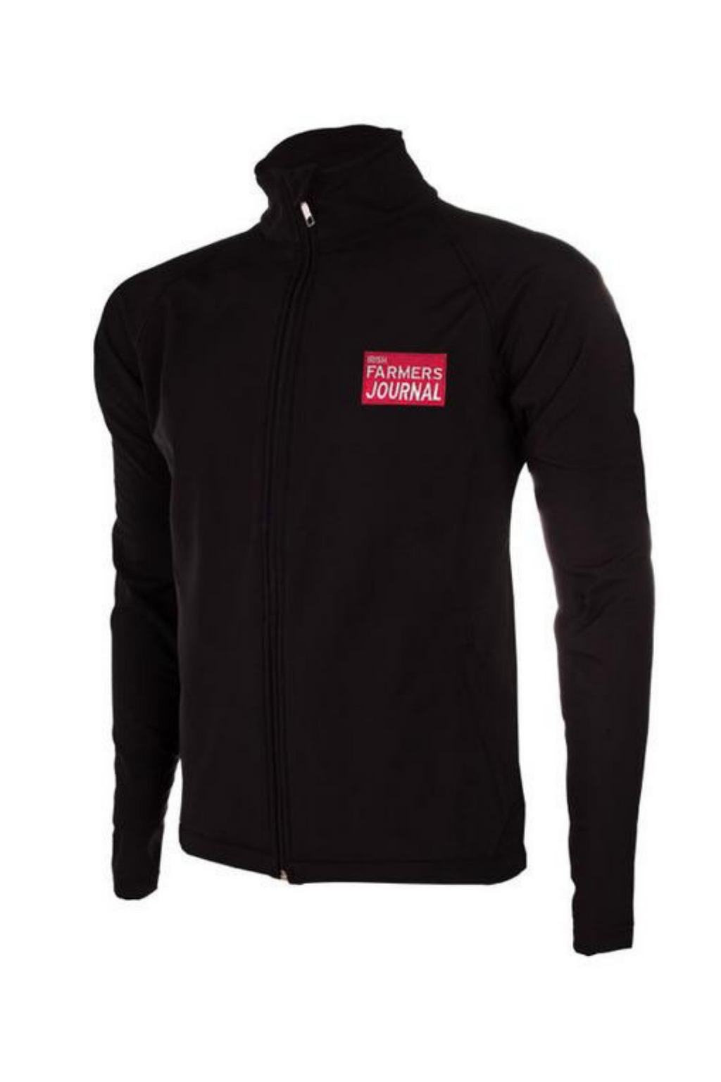 Irish Farmers Journal black soft-shell jacket, front view, with the red Journal crest embroidered on the chest