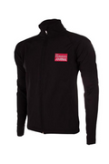 Irish Farmers Journal black soft-shell jacket, front view, with the red Journal crest embroidered on the chest
