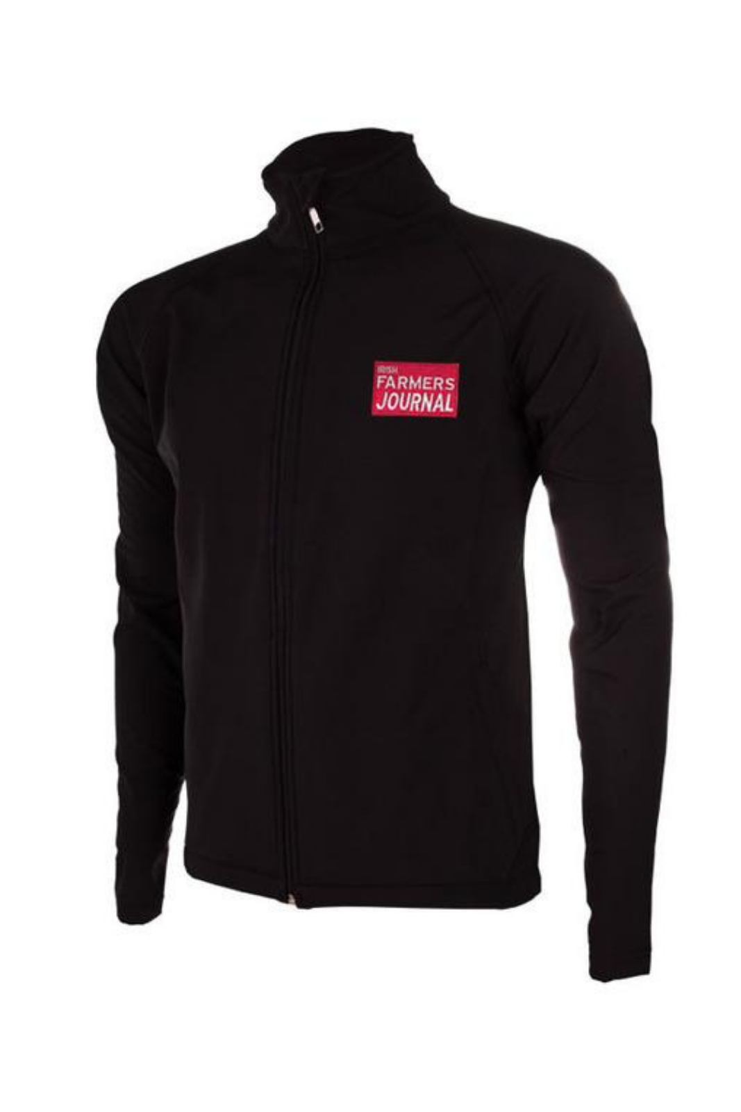 Irish Farmers Journal black soft-shell jacket, front view, with the red Journal crest embroidered on the chest