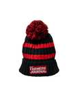 Black, red and white striped Irish Farmers Journal bobble hat with a red pom-pom and woven crest