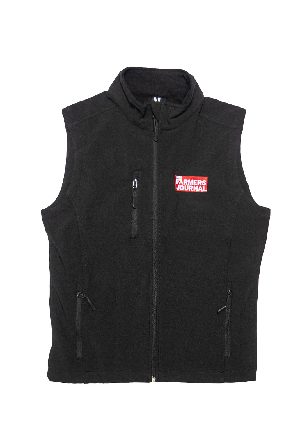 Irish Farmers Journal black soft-shell sleeveless jacket, front view, with the red Journal crest on the chest