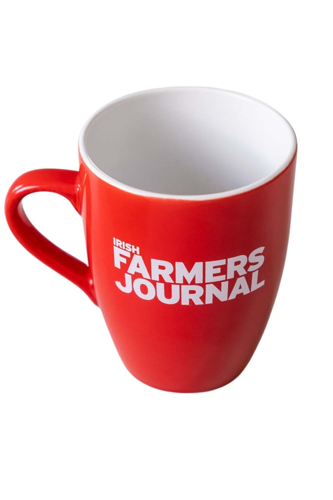 Red Irish Farmers Journal ceramic mug with the white masthead logo, viewed from the front