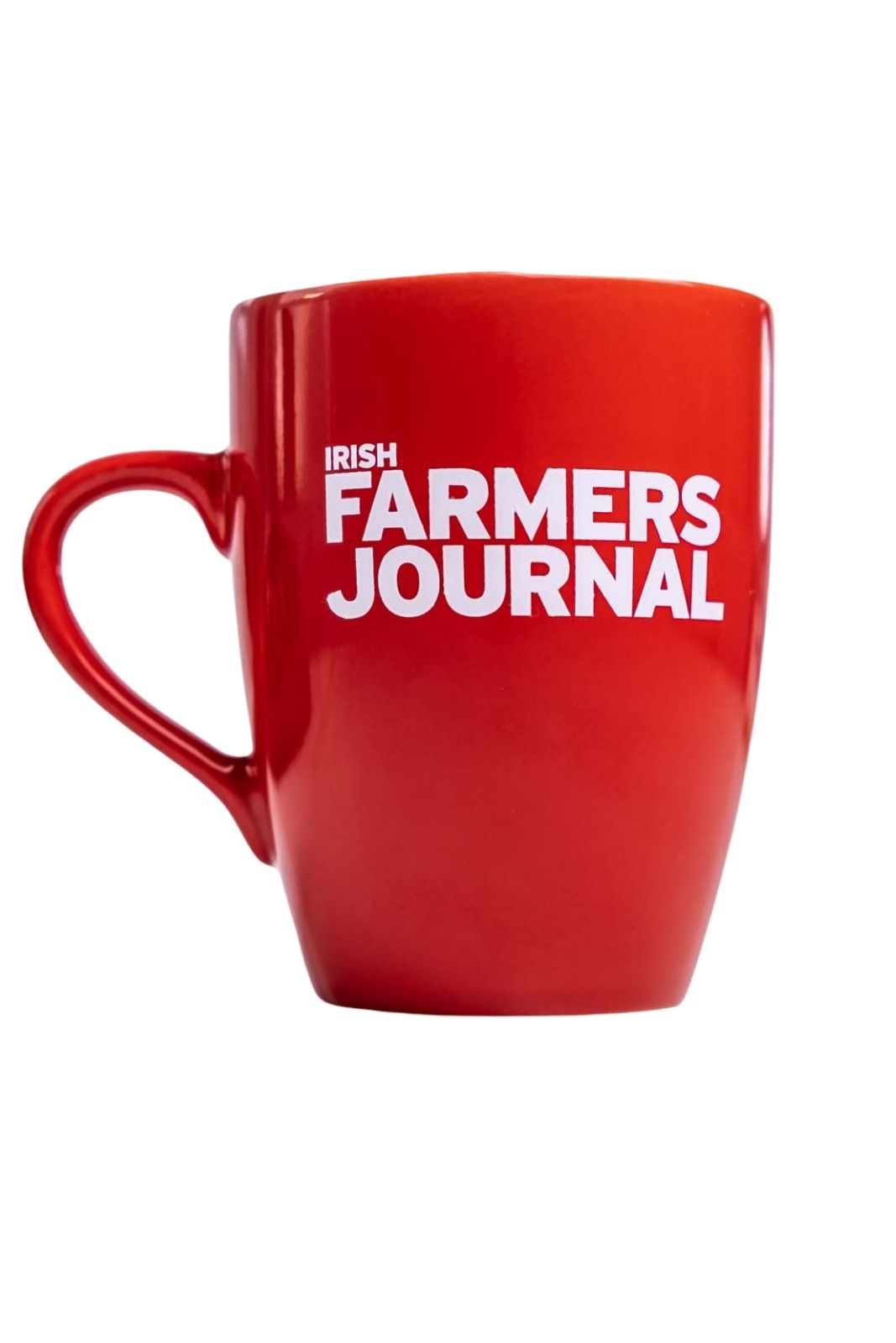 Red Irish Farmers Journal mug seen from above, showing the white interior