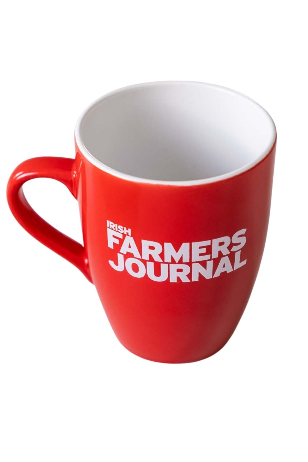 Red Irish Farmers Journal mug at an angle, showing the handle