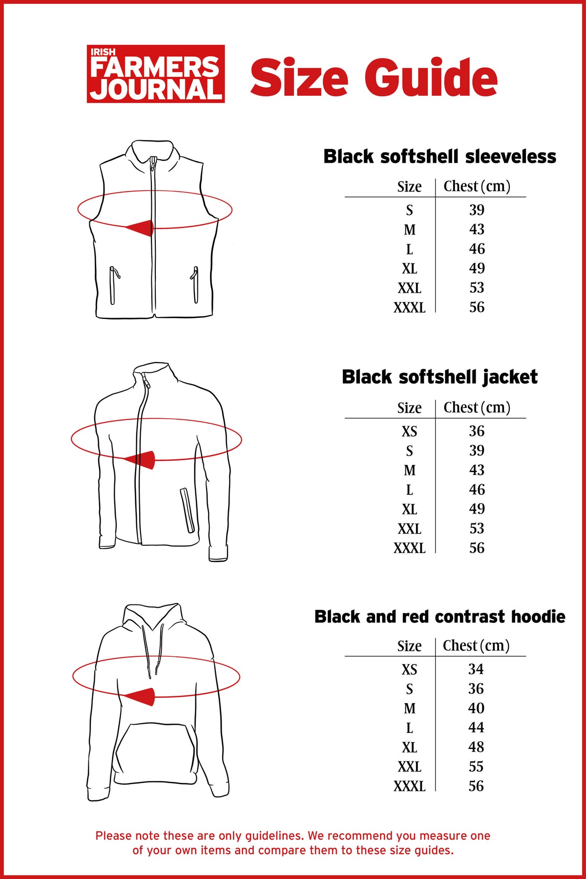 Size guide chart giving chest measurements in centimetres for the soft-shell jacket, the sleeveless jacket and the hoodie